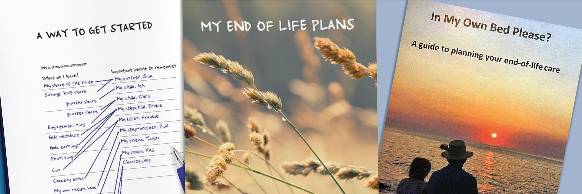 List of actions for care plan, with image of corn field on obook cover, another cover with elderly person and child looking at sunset